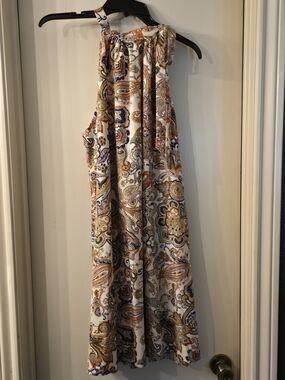 SHEIN White Paisley Halter Mini Dress with Blue and Gold Accents
